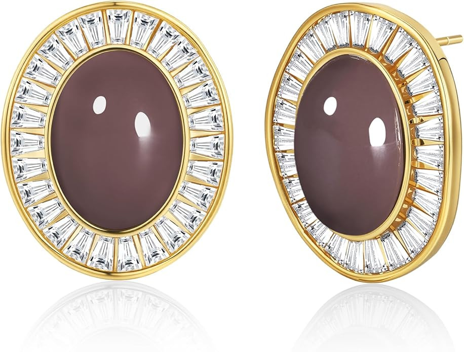 Large Chunky Brown Beige Tan Chocolate 18K gold plated Round Oval Button CZ Stud Enamel Statement... | Amazon (US)