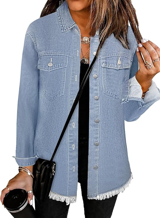Bosmeer Women's Oversized Jean Jacket Casual Long Sleeve Denim Shirts Distressed Frayed Hem Denim... | Amazon (US)