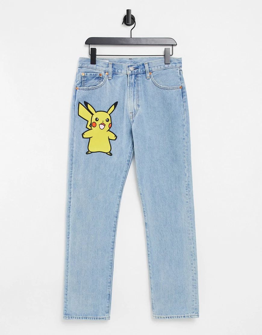Levi's x Pokemon 551z authentic straight fit jeans in Pikachu print light indigo worn in wash-Blues | ASOS (Global)