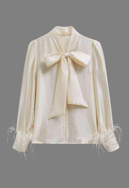 Tie-Bow Feather Cuffs Buttoned Shirt in Light Yellow | Chicwish