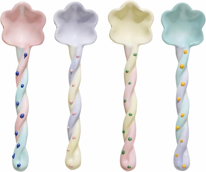ceramic cute small Soup Spoons, colorful japanese Spoon, cereal long handled Spoons set for Desse... | Amazon (US)