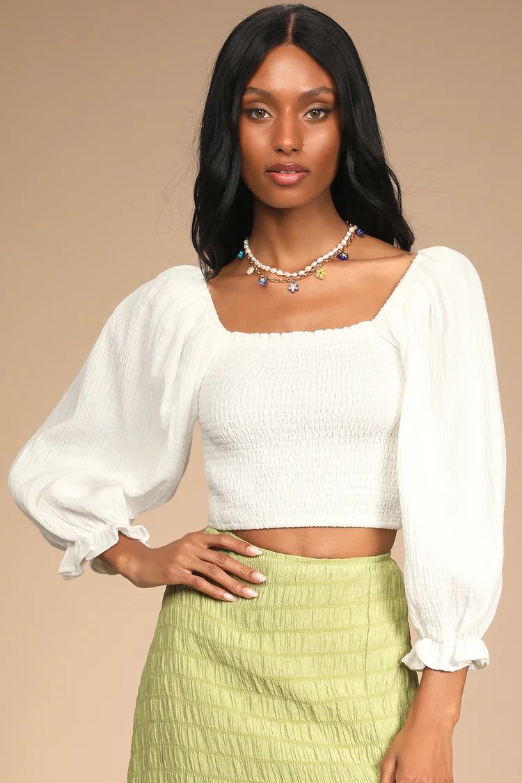 Breezing In White Smocked Balloon Sleeve Top | Lulus (US)