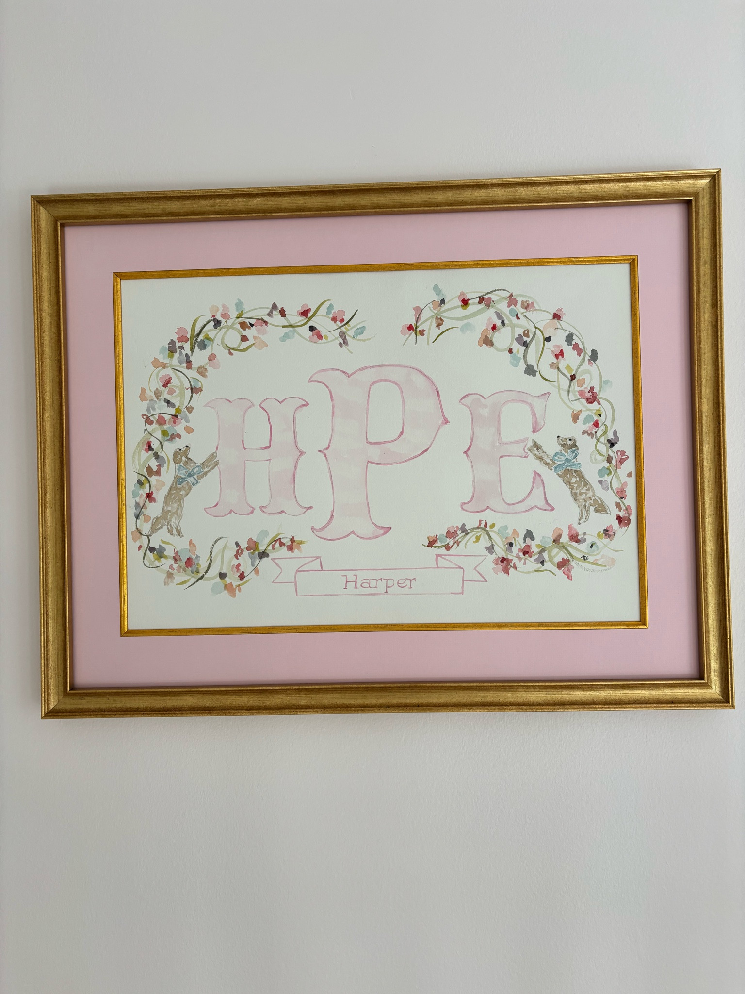 The cutest personalized nursery artwork! Had to include my two golden retriever boys but still make it girly! 