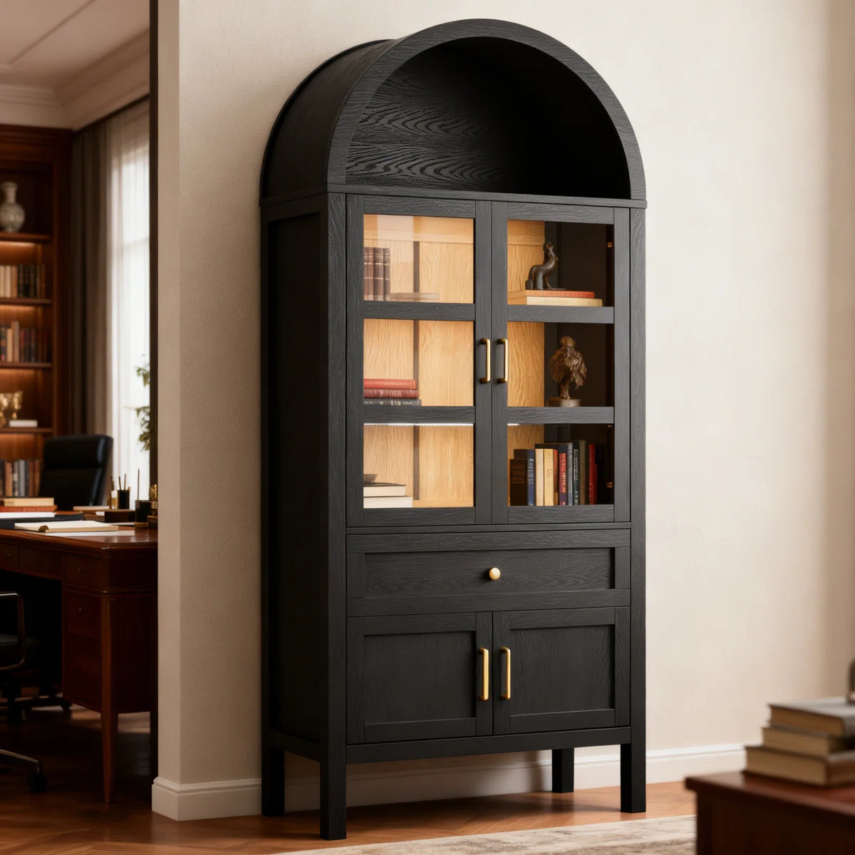 71'' Tall Full Wood Arched Bookcase with Adjustable Shelves & LED Lights, Glass Doors, Drawer | Wayfair North America