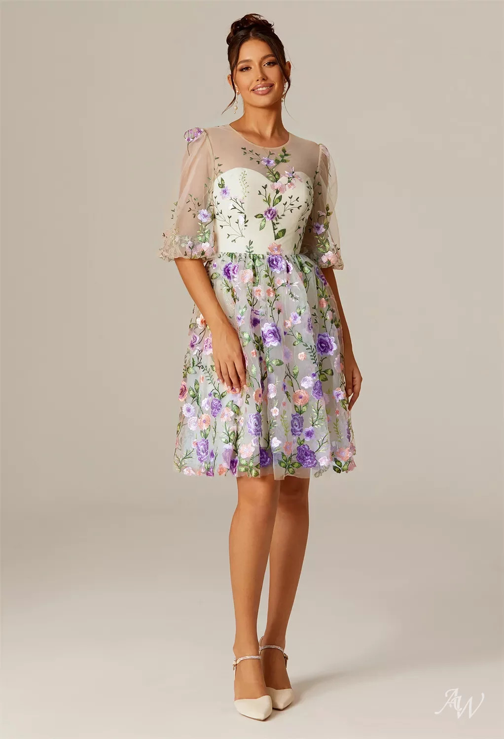 Aw Bridal, Bridesmaid Floral Appliqué Dress, Holiday Cocktail Party Dress | AW Bridal