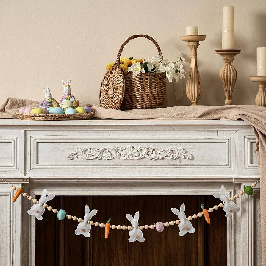 51" Easter Garland, Multi-Colored Wooden Bead String Eggs & Carrots Bunny Garland for Mantle, Doo... | Amazon (US)