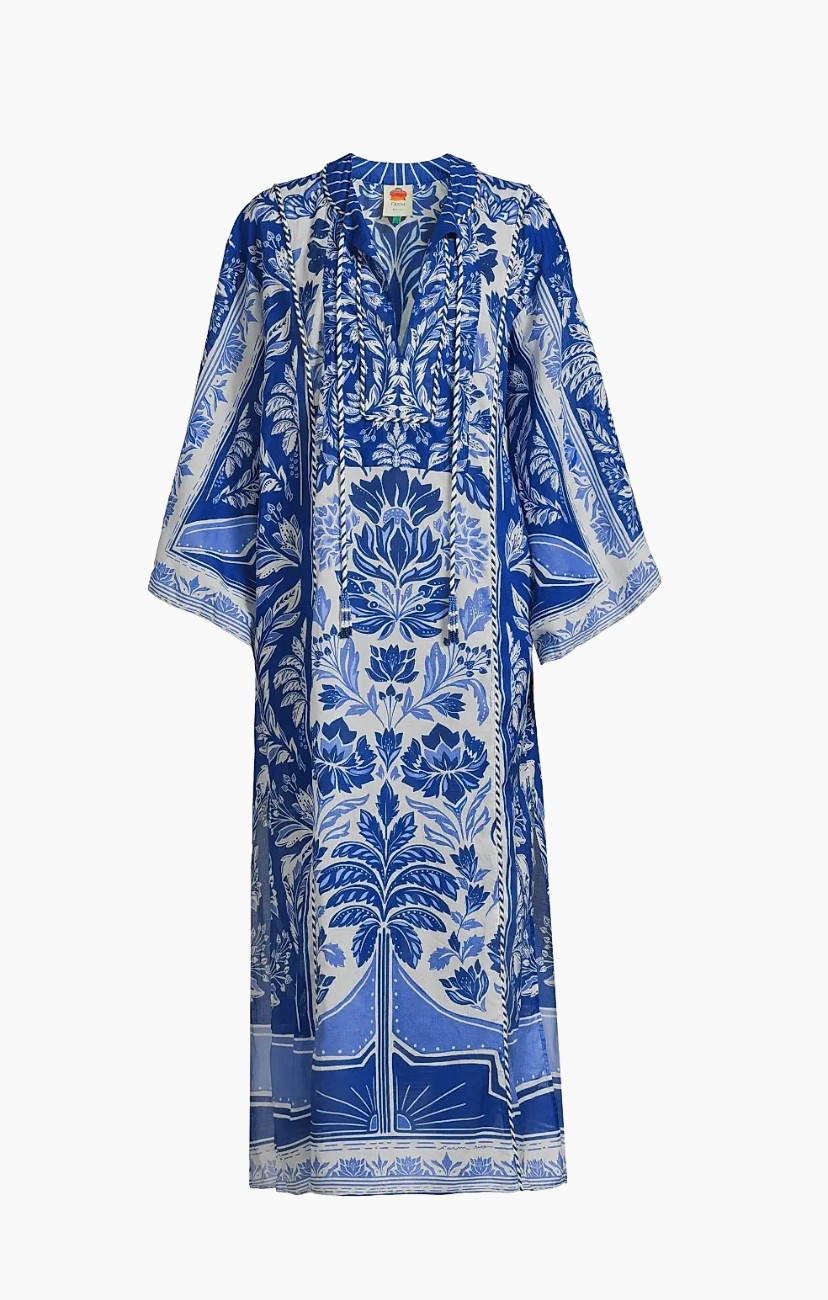 Crafted of lightweight cotton, Farm Rio's Delicate Tapestry cover-up long dress showcases a round neck with ties and long sleeves.

#LTKTravel #LTKStyleTip #LTKU