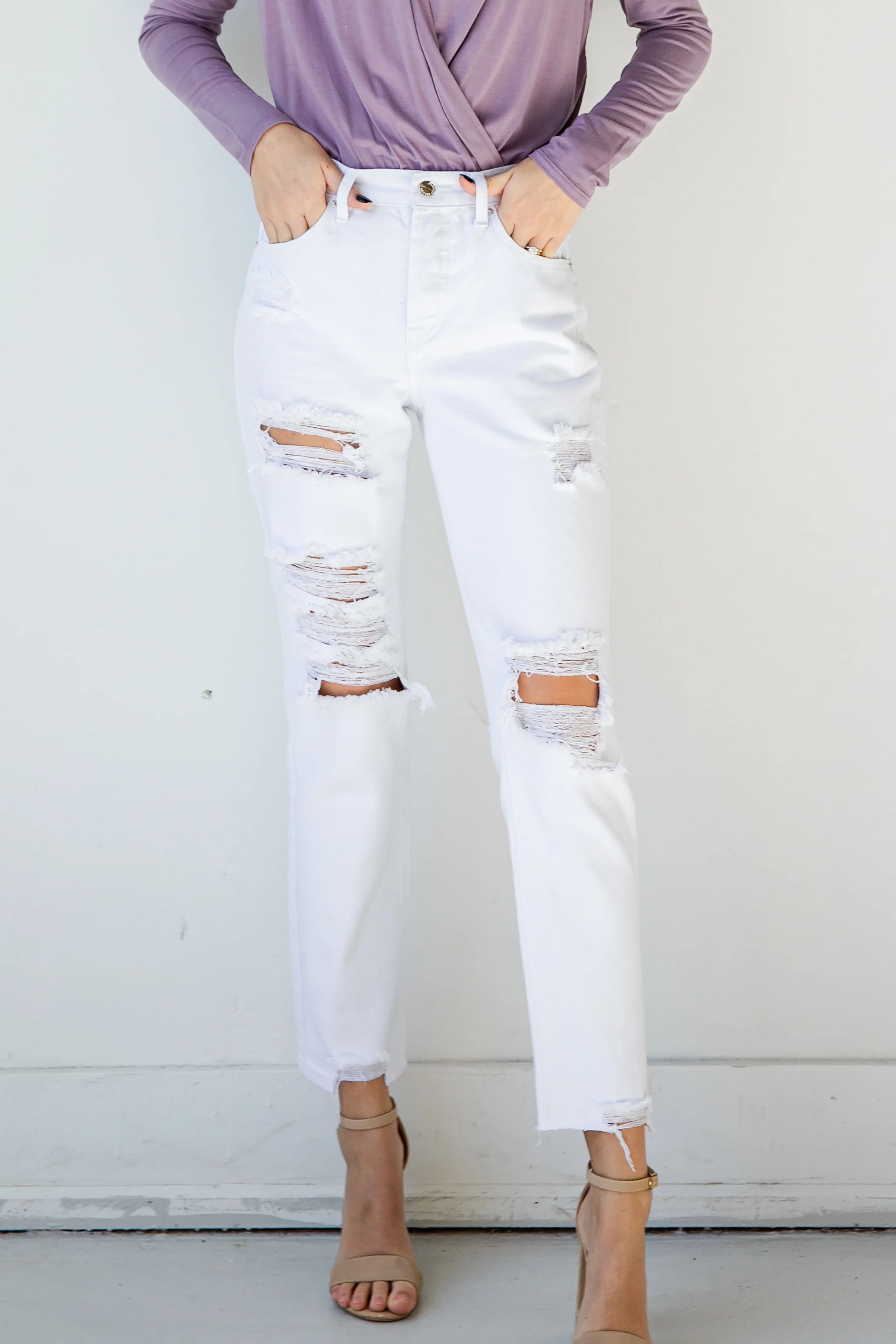 Lainey White Distressed Straight Leg Jeans | Dress Up