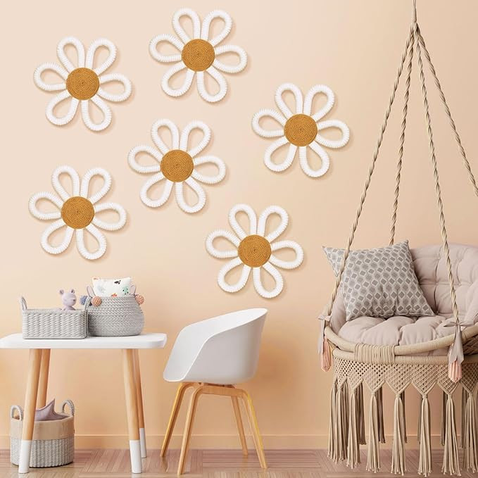 Zeyune 6 Pcs Boho Daisy Flower Wall Art Decor Boho Nursery Wall Art Decor Daisy Flower Woven Macr... | Amazon (US)
