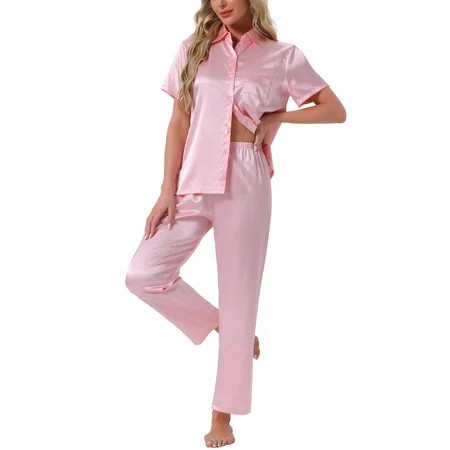 DARING DIVA Satin Pajamas Silky Button Down Short Sleeve Shirt Pants Set S Pink | Walmart (US)