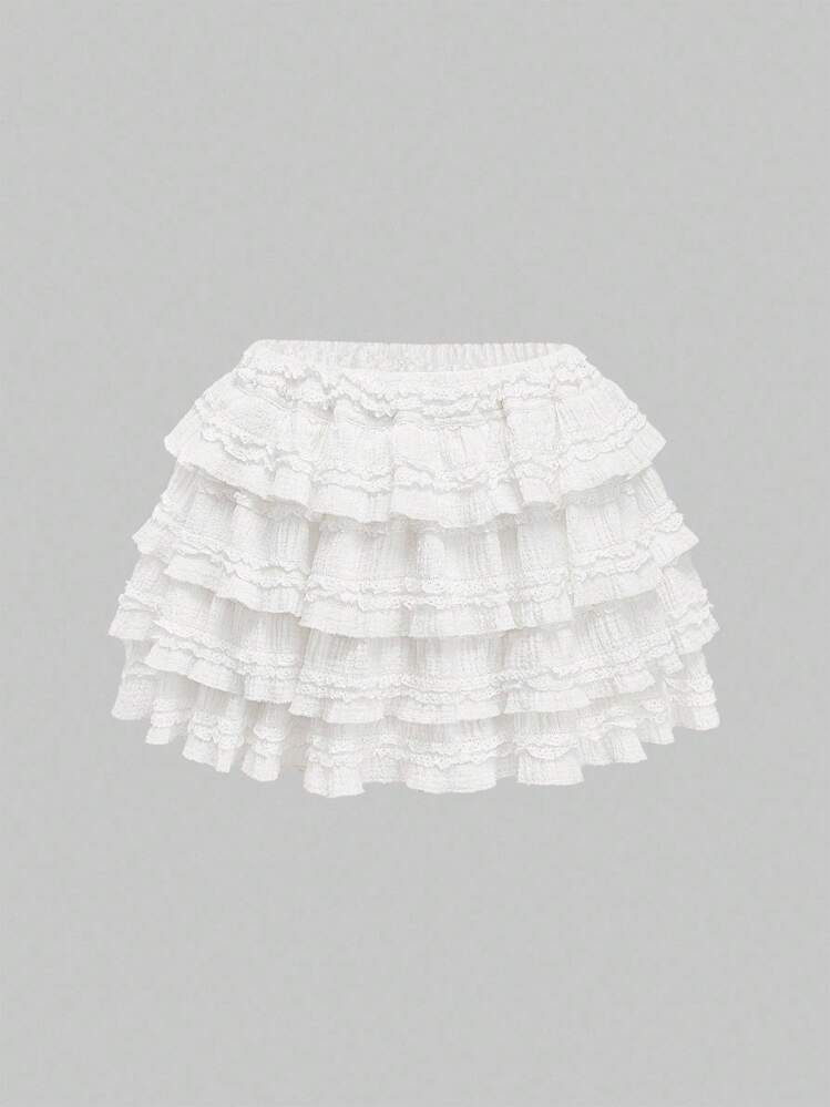 ROMWE Kawaii White Y2K Textured Fabric Sweet Cake Hem Patchwork Women's Low Waist Mini Skirt, Ver... | SHEIN