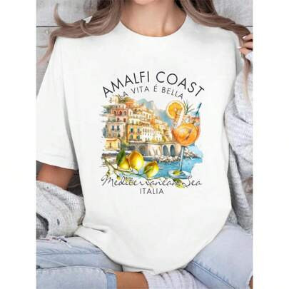 Amalfi Coast Italy Travel Trip Vacation Mediterranean Sea Cotton Printed T-Shirt For Summer, Soft Women's Short Sleeve Top, Fashionable And Comfortabl | SHEIN