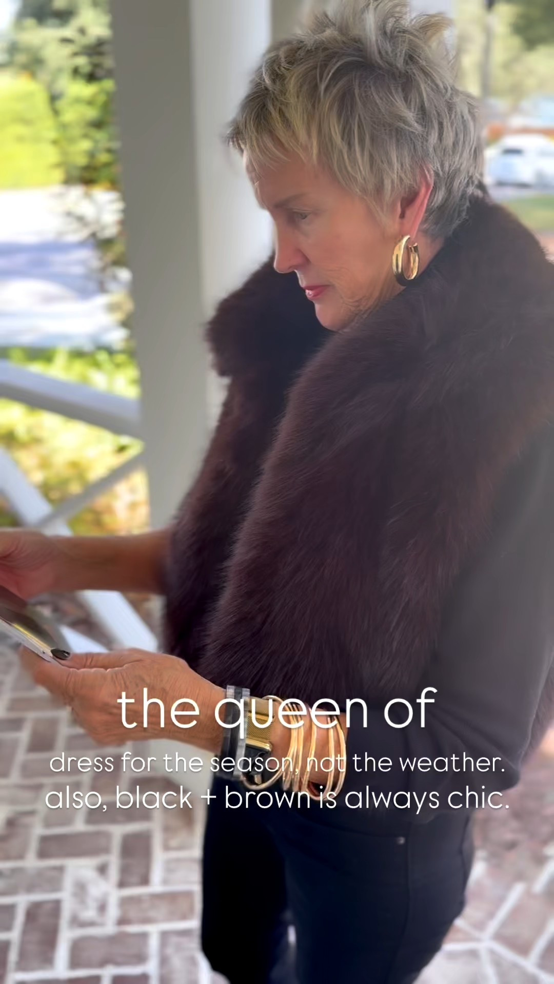 grandma style // black
+ brown // elevated basics with fur vest + gold accessories 

#LTKOver40 #LTKootd