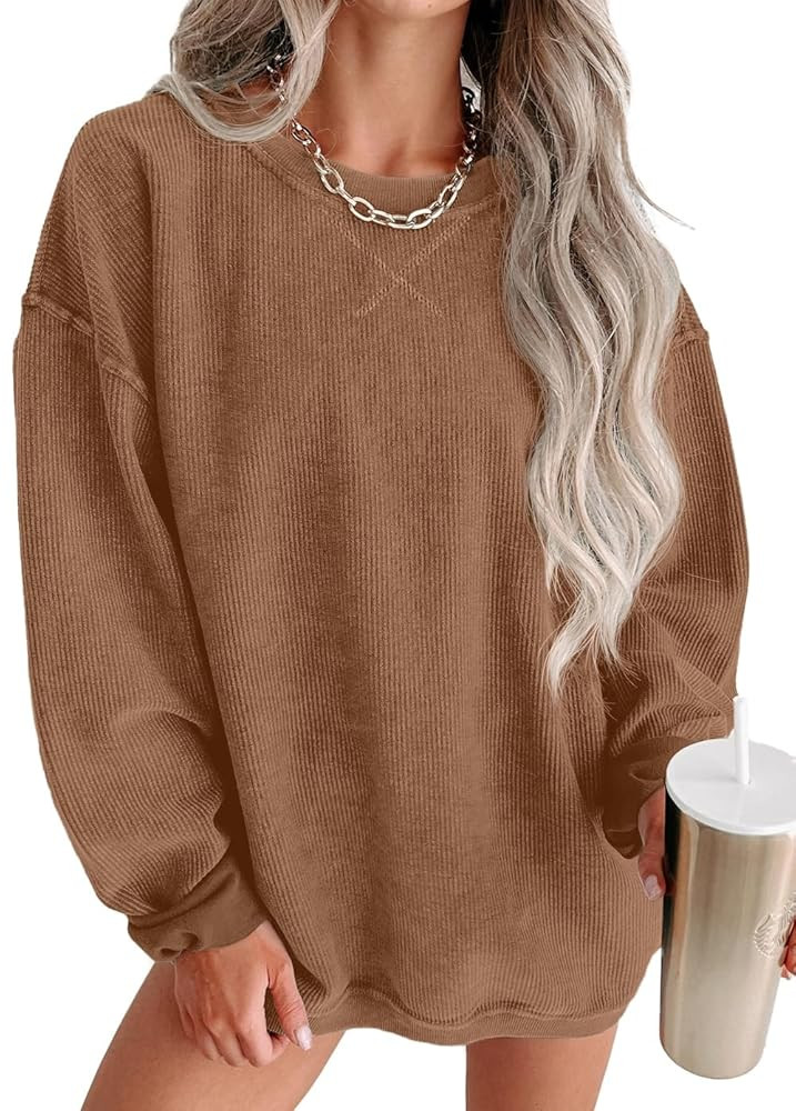 Womens Sweatshirts Casual Cored Corduroy Pullover Tops Oversized Long Sleeve Crewneck Shirts | Amazon (US)