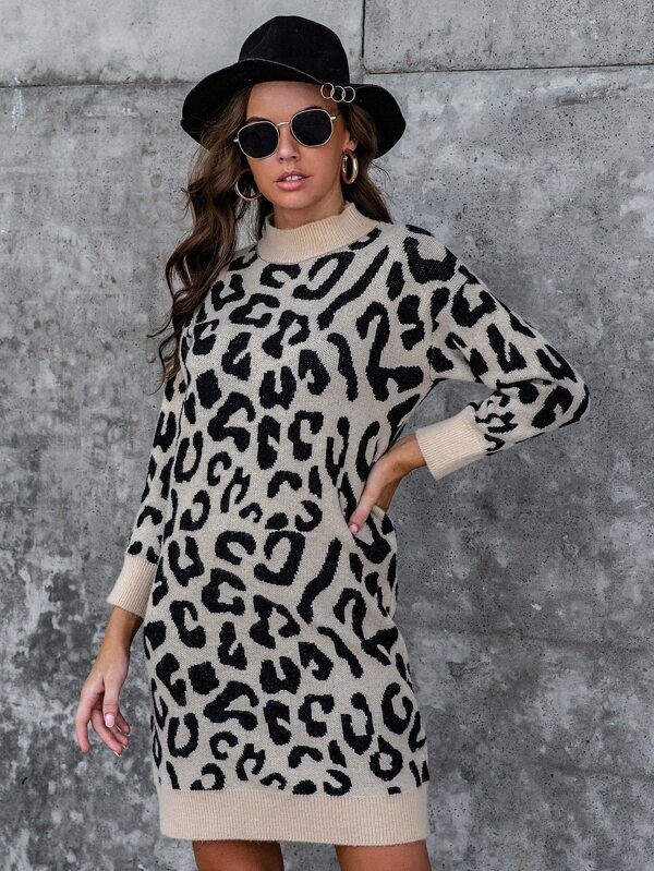 Mock Neck Leopard Sweater Dress | SHEIN