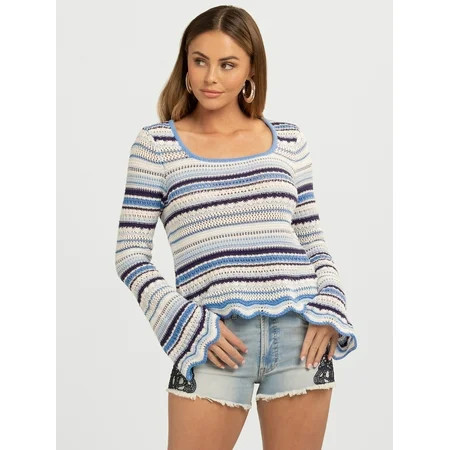 Jessica Simpson Women's Lilianna Cotton Pointelle Sweater with Long Sleeves, Lightweight, Sizes XS-X4 | Walmart (US)
