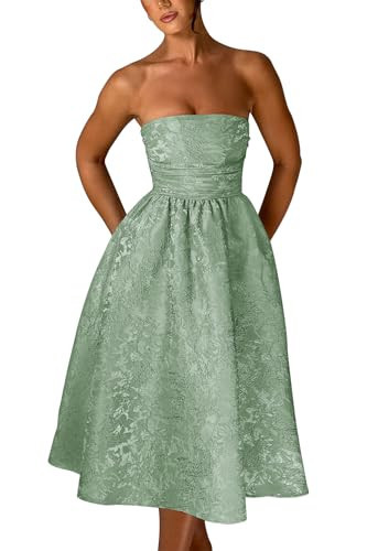 symdem Women's Sage Green Prom Dress 2025 Ruched Jacquard Satin Strapless Evening Party Gown A Line Sleeveless Corset Formal Dress SY37-10 | Amazon (US)