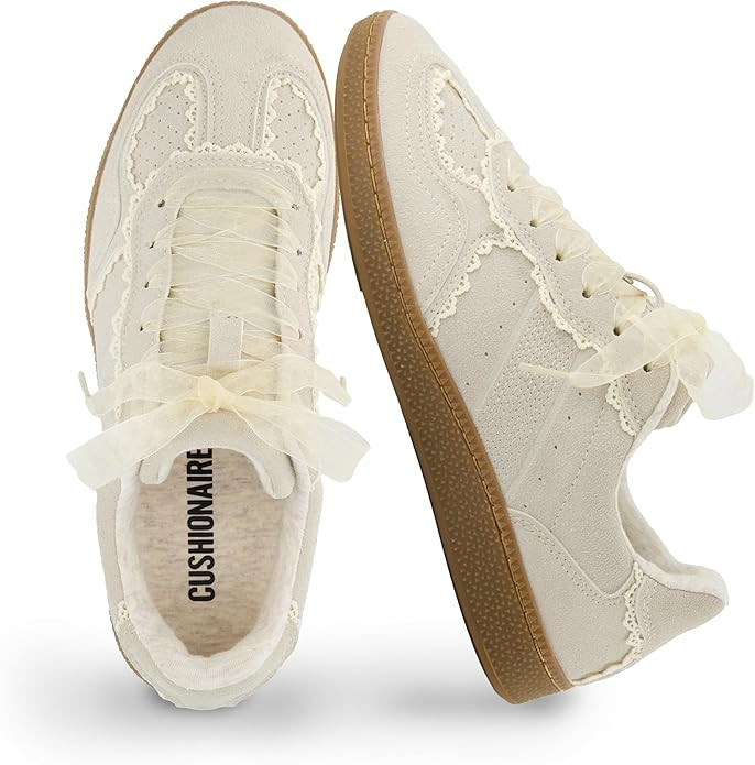 CUSHIONAIRE Belinda Women’s Lace Detail Casual Sneakers – Elegant Ribbon Lace-Up Shoes with M... | Amazon (US)