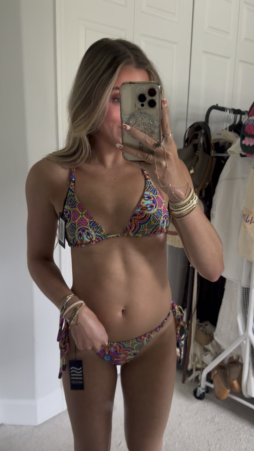 @vetchy triangle tile bikini set in size XS. Our first classic triangle bikini—designed with fit in mind to make you feel sexy, not overexposed. Inspired by the vibrant spirit of Los Cabos, it’s made from durable, color-rich Italian Carvico® fabric that holds its shape wear after wear. Features adjustable ties, removable pads, and moderate cheeky coverage  

#LTKStyleTip #LTKSwim #LTKSeasonal