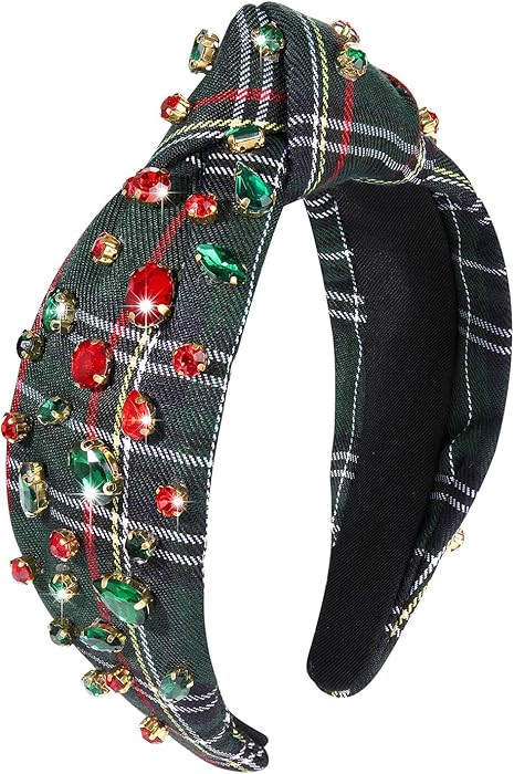 boderier Christmas Headbands for Women Green Plaid Headband Jeweled Crystal Wide Knotted Headband... | Amazon (US)