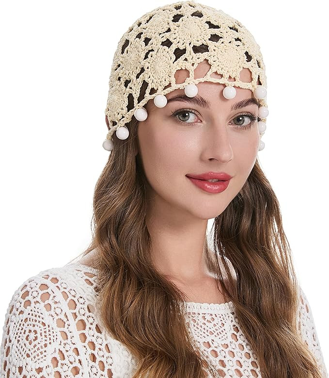 ZLYC Women Cotton Crochet Skull Cap Handmade Knit Cutout Floral Beanie Hat | Amazon (US)