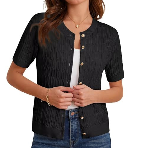 GRACE KARIN Black Cardigan for Women Short Sleeve Summer Cardigan Sweater Button Up Lightweight Cable Knit Crewneck Cardigan Shrugs Black L | Amazon (US)