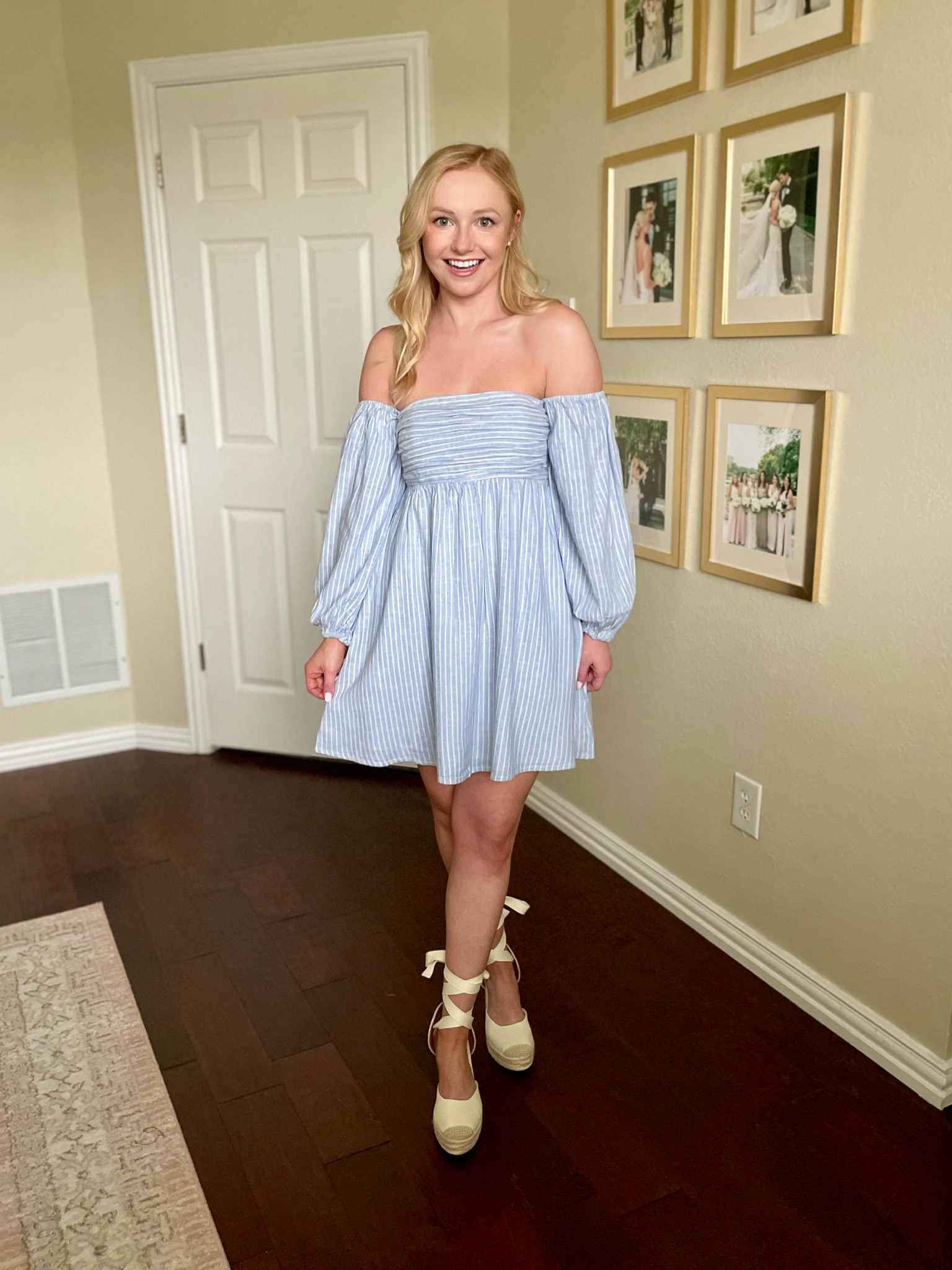 Wearing an XS | vacation dress, beach dress, off the shoulder dress, blue and white dress, summer dress 

#LTKfindsunder100 #LTKSeasonal #LTKstyletip
