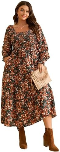 RWJ Women Plus Size Fall Dresses Long Sleeve Smocked Boho Floral Maxi Dress | 2026 Square Neck Em... | Amazon (US)