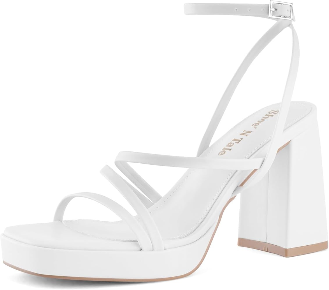 Shoe'N Tale Platform Heels for Women Strappy Block Chunky Heels Square Toe Ankle Buckle Sandals | Amazon (US)