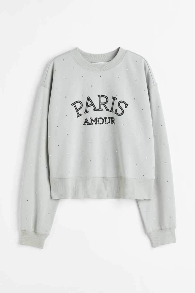 Rhinestone-embellished Sweatshirt - Sage green/Paris Amour - Ladies | H&M US | H&M (US + CA)