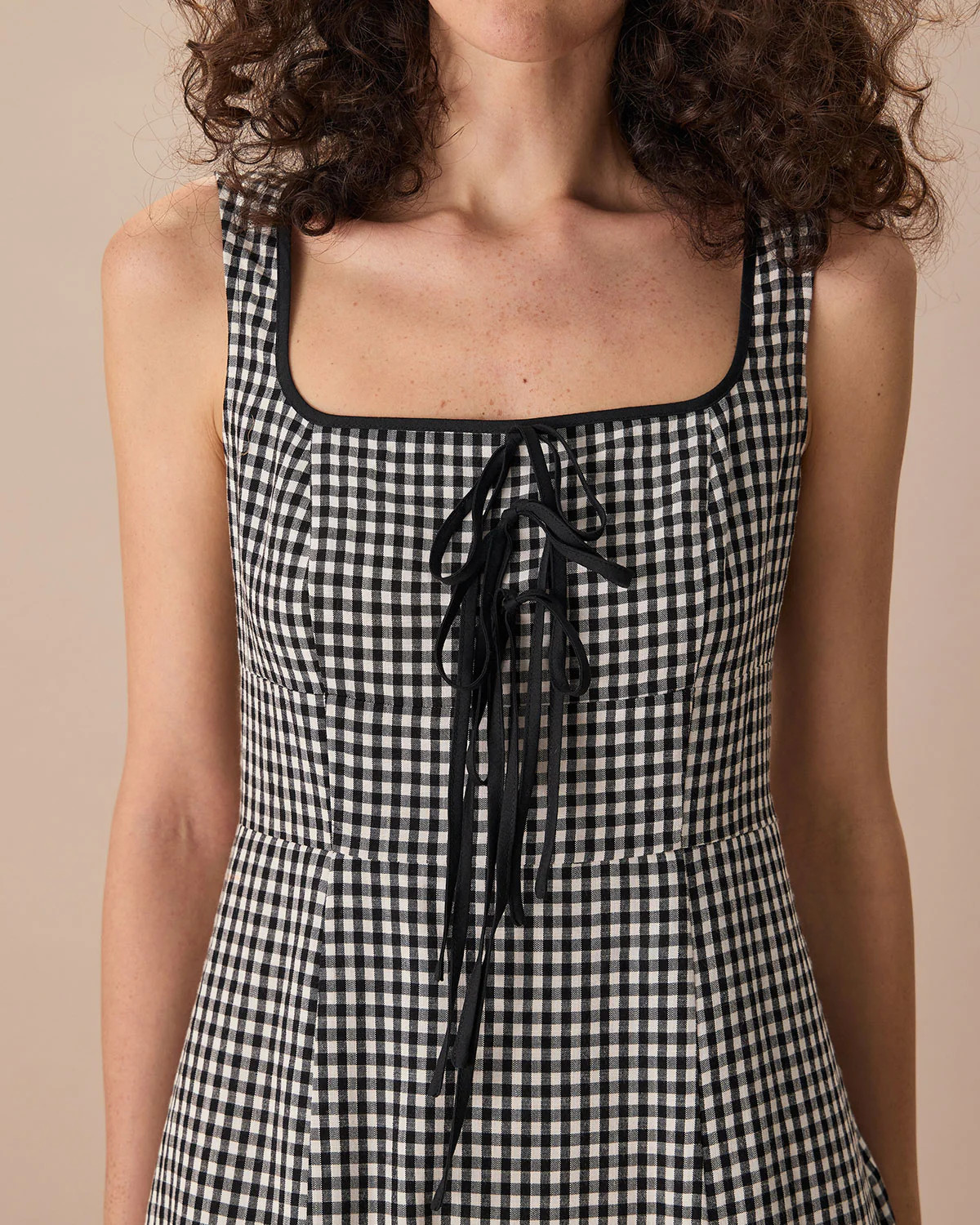 The Black Square Neck Tie Plaid Midi Dress | rihoas.com