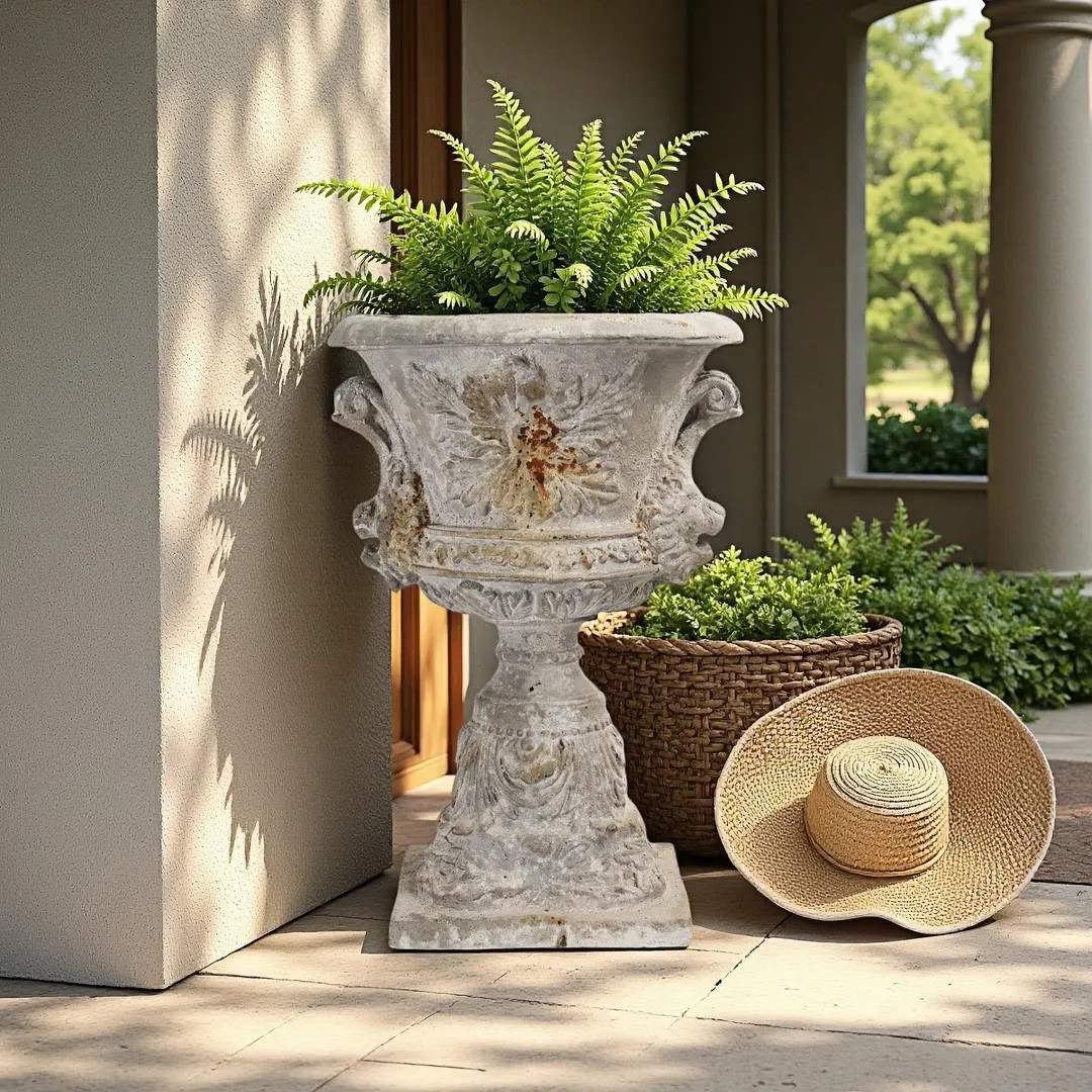 Vintage Pedestal Urn Planter – 20" Tall Distressed Garden Pot with Acanthus Handles, French Rus... | Etsy (US)