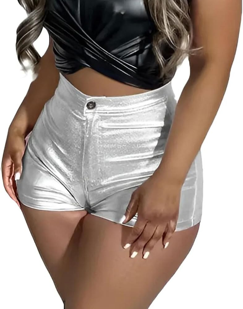 KANSOON Women's Metallic Faux Leather Shorts High Waist Shiny Sexy Rave Short Hot Pants | Amazon (US)
