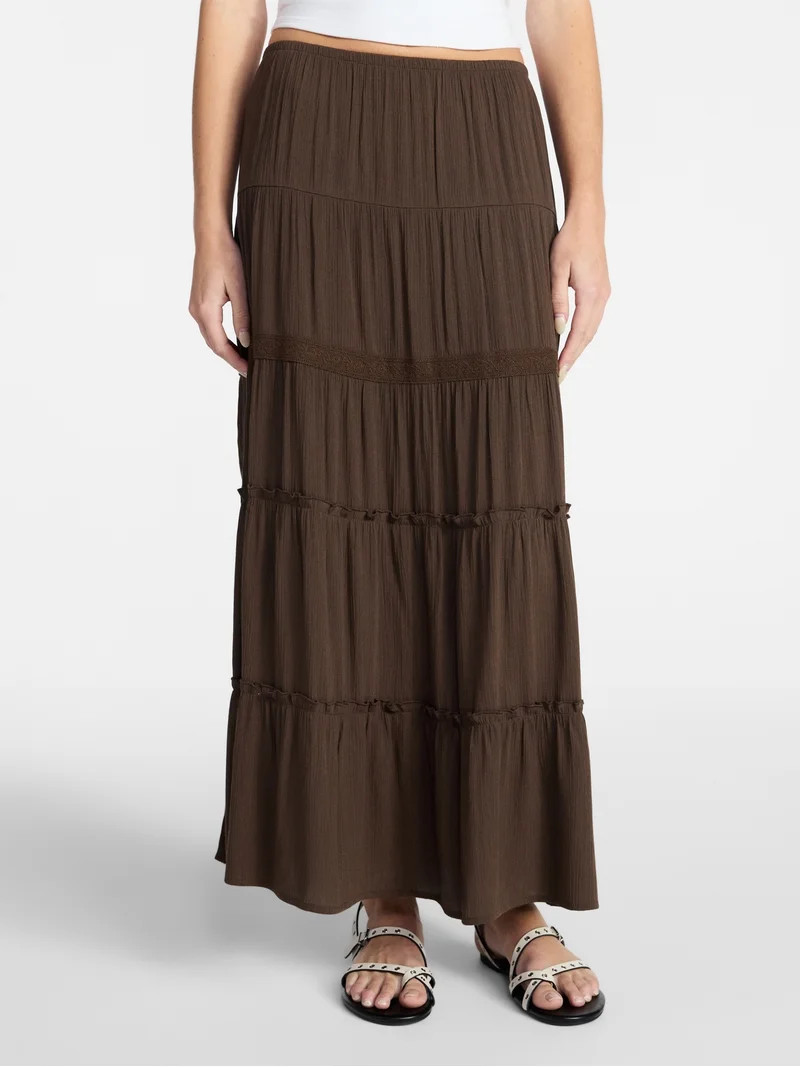 No Boundaries Lace Insert Tiered Maxi Skirt, Women's XXS-XXL | Walmart (US)