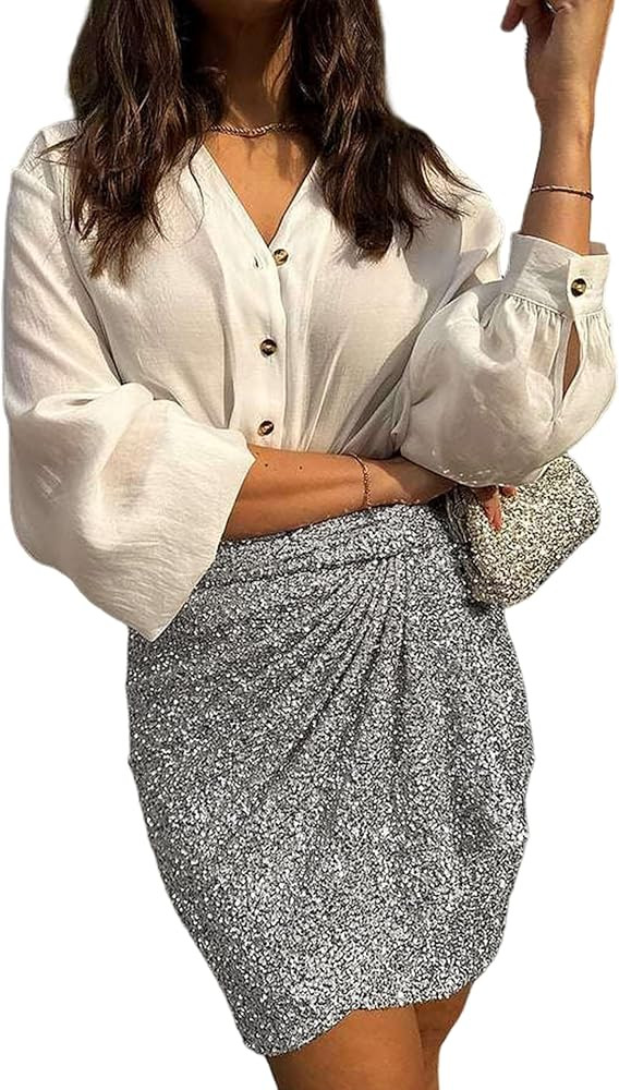 Lentta Women's Sequin Skirt Sparkle Stretchy Tie-up Mini Dress Night Out Party | Amazon (US)