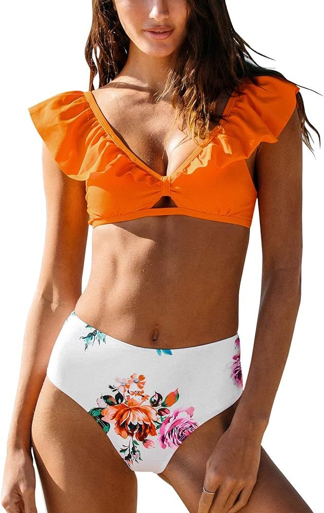 CUPSHE Women's High Waist Bikini Swimsuit Ruffle Cutout Two Piece Bathing Suit | Amazon (US)