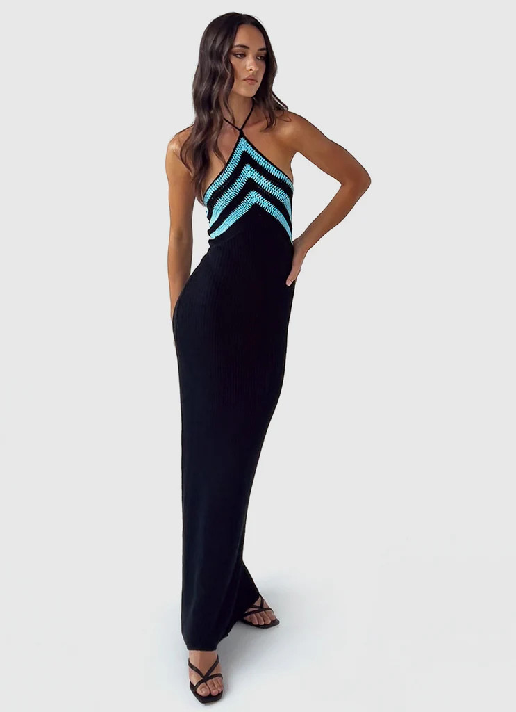 Masterpiece Halterneck Crochet Maxi Dress - Azure Stripe | Peppermayo (Global)