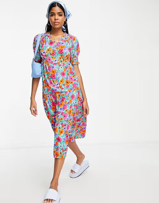Influence puff sleeve midi tea dress with tie back in bright floral | ASOS (Global)