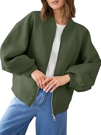 Fisoew Womens Zip Up Sweatshirt Casual Bomber Jacket Lantern Sleeve Oversized Jacket Fall Outfits... | Amazon (US)