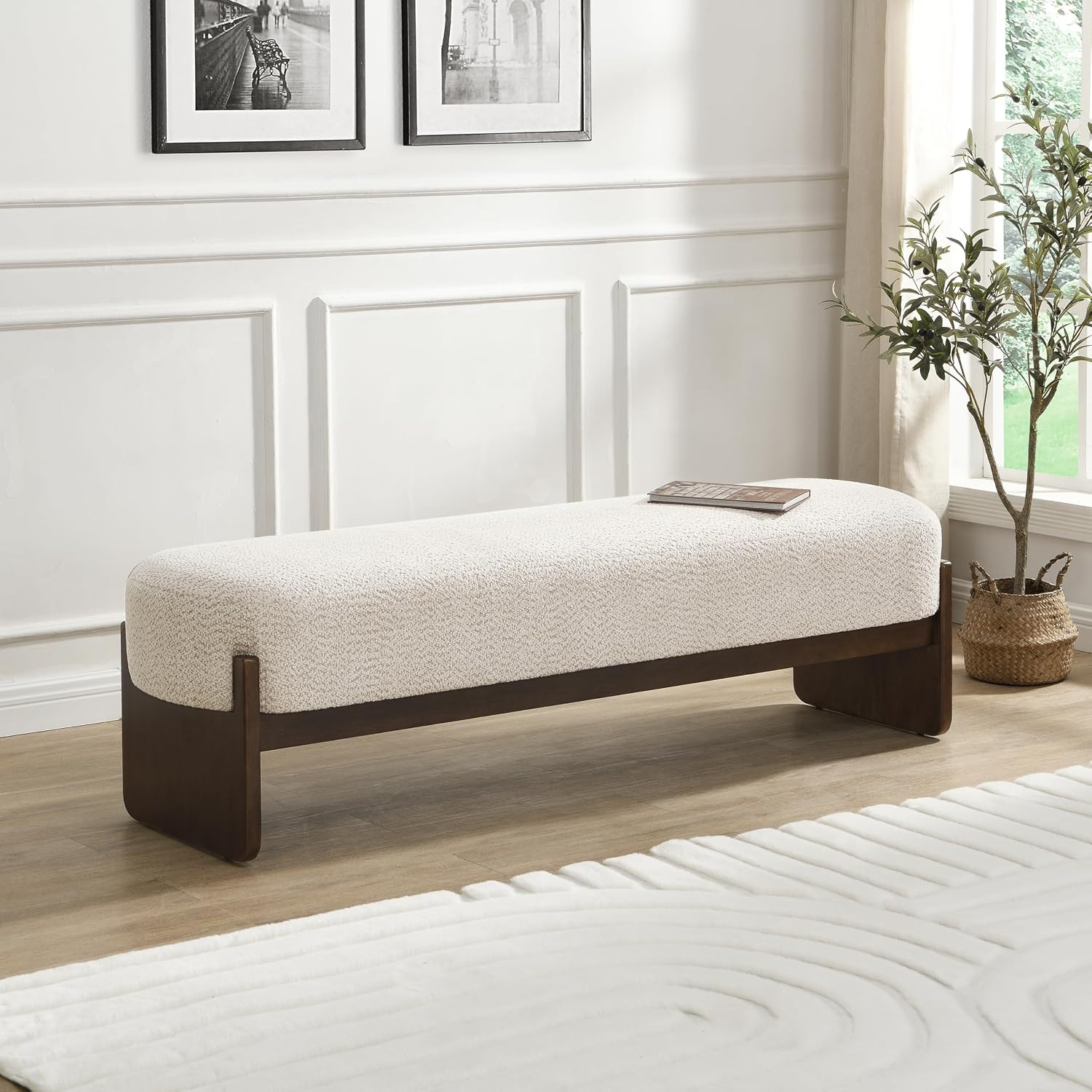 Christopher Knight Home Arden Minimalist Style Rectangular Loop Yarn Fabric Ottoman Bench, Rubberwood Frame, Entryway Bench, Living Room Sofa Extra Seat, End of Bed Footstool, Beige+Brown | Amazon (US)
