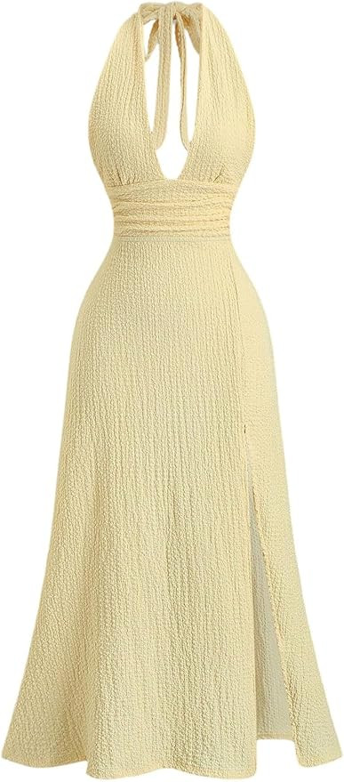 SOLY HUX Women's Deep V Neck Halter Bodycon Long Maxi Dress Bow Tie Side Slit Evening Party Dress... | Amazon (US)