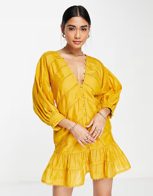 ASOS DESIGN structured mini dress with lace trim detail and puff sleeve | ASOS (Global)