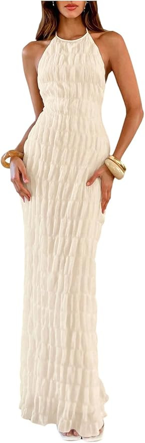 OYOANGLE Women's Textured Halter Maxi Dress Backless Sleeveless Bodycon Long Sundress for Beach V... | Amazon (US)