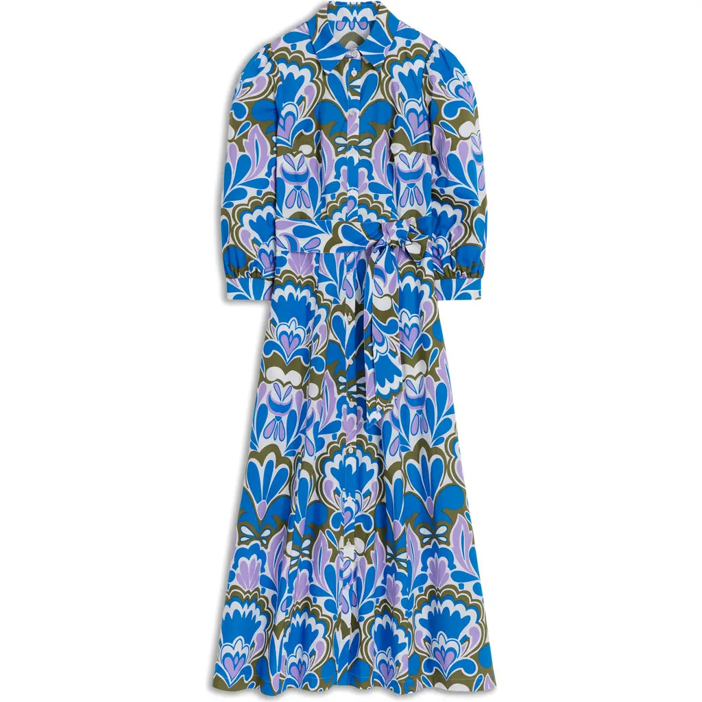 Boden Clara Print Tie Waist Maxi Shirtdress in Kingfisher Blue, Freesia Stamp at Nordstrom, Size 6 | Nordstrom