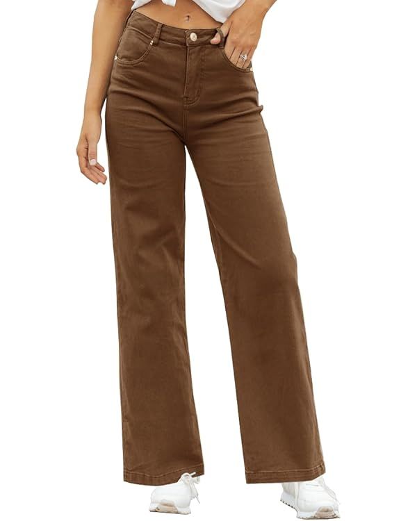ZC&GF Women's Wide Leg Pants Loose Straight Pants Back High Elastic Waist Business Work Pants Tro... | Amazon (US)