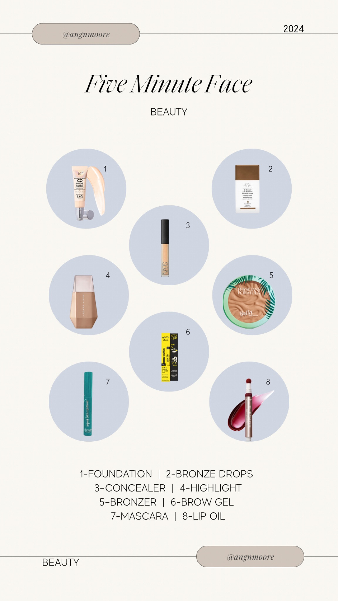 My current five minute face routine. Shades are
Foundation: Fair Porcelain
Concealer: Vanilla
Highlight: Honey Citrine
Bronzer: Light
Lip Oil: Honeysuckle

#LTKFindsUnder50 #LTKItBag #LTKStyleTip