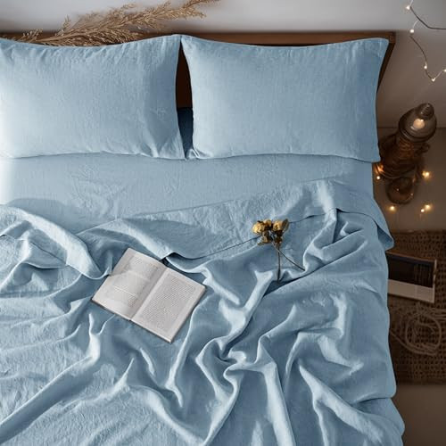 LBRO2M 100% Linen Sheet Set Queen Size,Bed Sheets 4 Piece Sets,Solid Color Natural Flax Bed Sheets Soft Breathable Bedding,16" Deep Pocket,All Season (Queen, Dusty Blue) | Amazon (US)