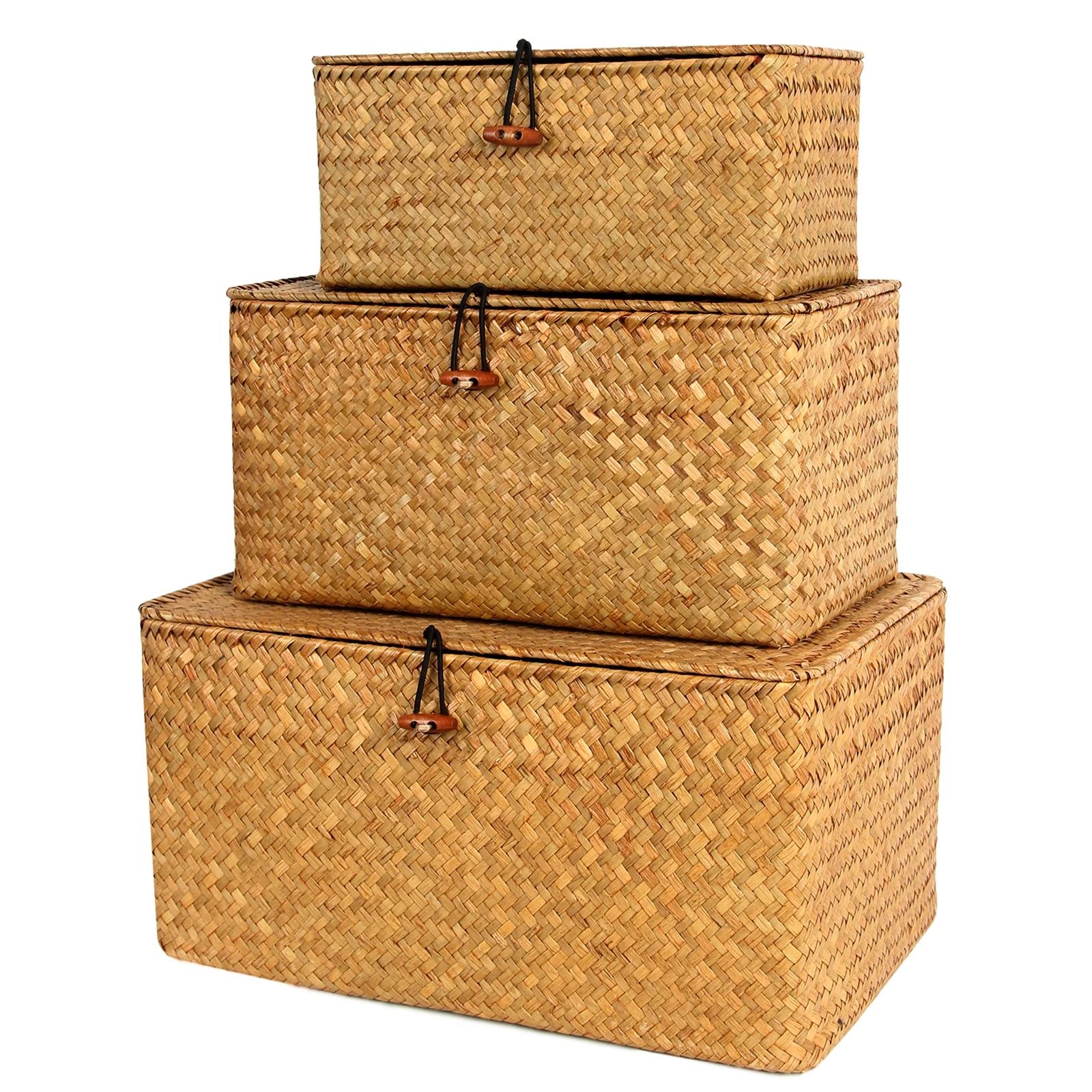 BlueMake Wicker Seagrass Baskets with Lids Set of 3 for Home Decor Rectangular Storage Baskets - ... | Walmart (US)