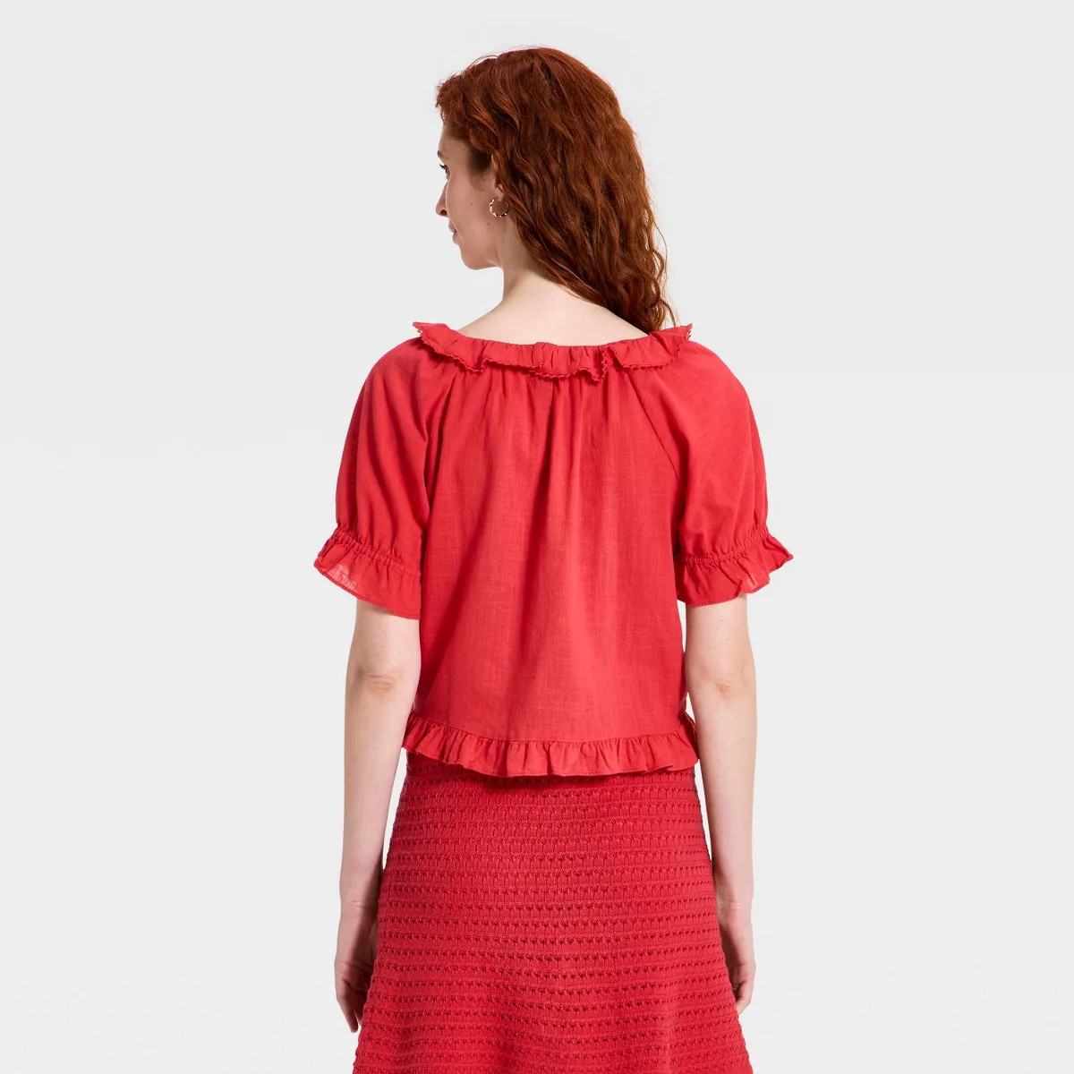 Women's Ruffle Short Sleeve Scoop Neck Blouse - Universal Thread™ Red M | Target