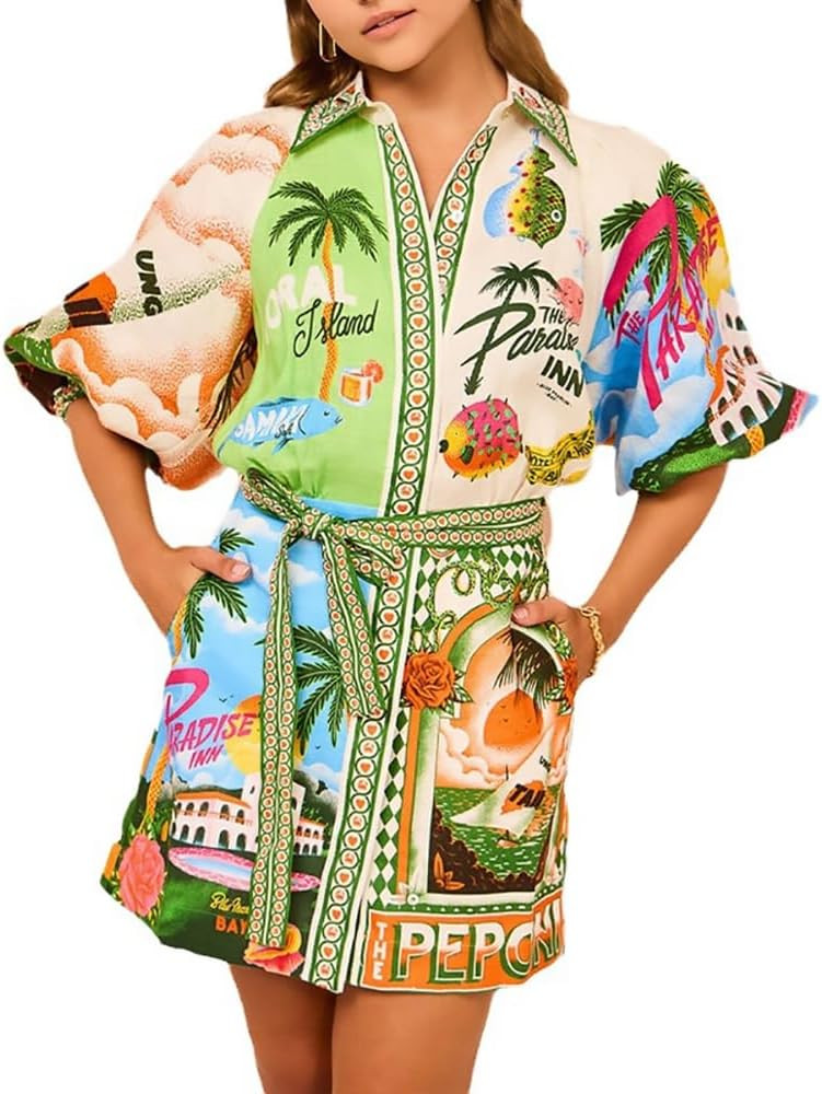 Women's Printed Button Down Shirt Dress with Pockets Casual 3/4 Sleeve Boho Short Tunics Dresses ... | Amazon (US)